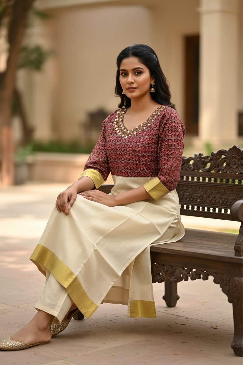 Maroon Brocade Cream Silk Kurti - Seated Pose