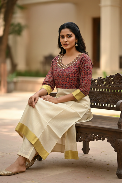 Maroon Brocade Cream Silk Kurti - Seated Pose