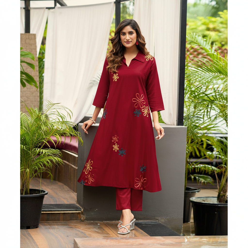 Maroon Daisy Embroidery Kurti – Natural Home Background