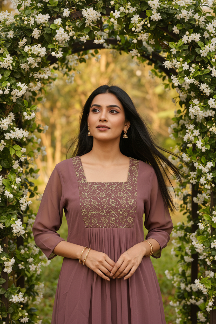 Mauve Georgette Kurti - Yoke Detail Portrait