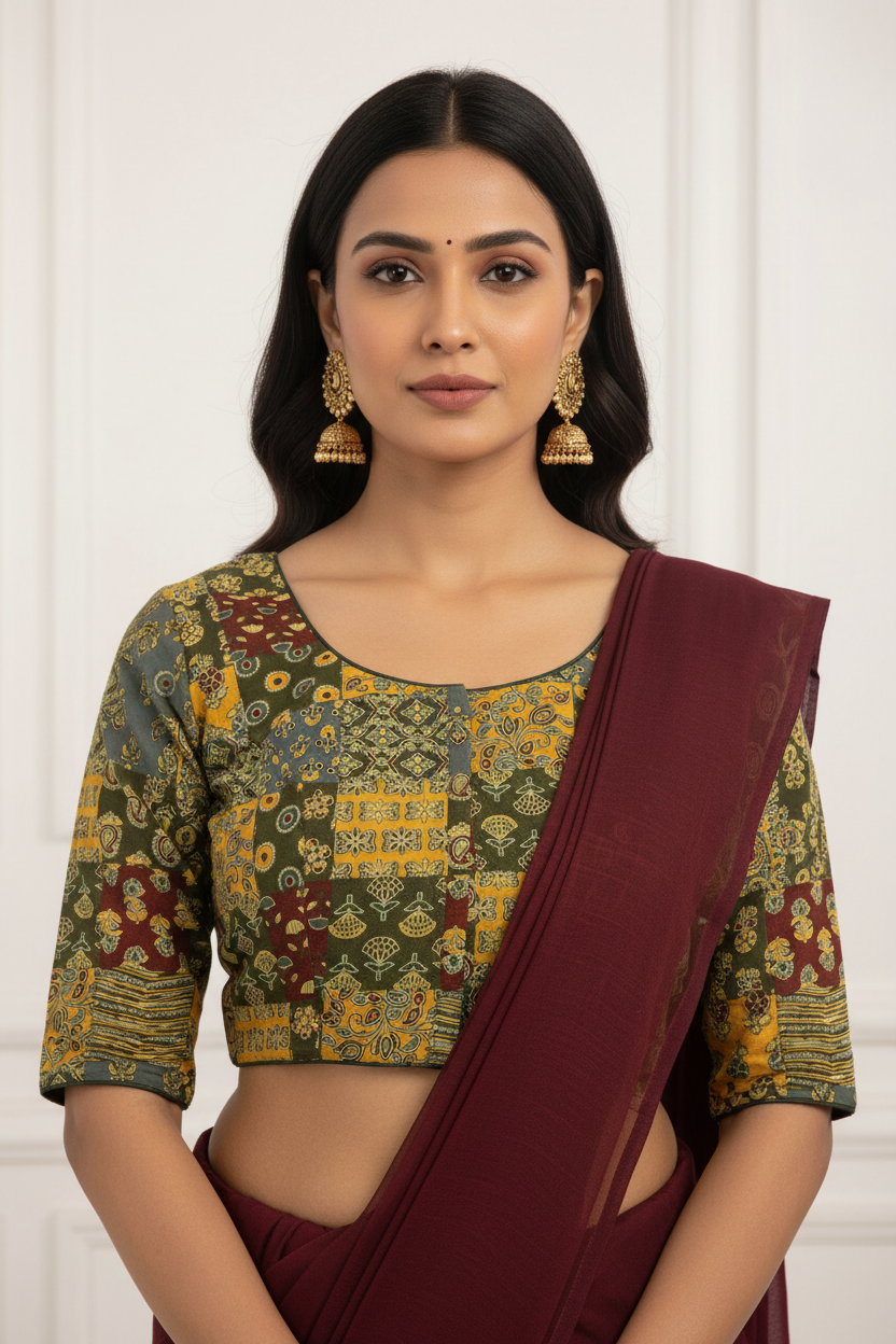Mehndi Green Patchwork Blouse – Front Pose | Indian Ethnic Wear | RAE Trends