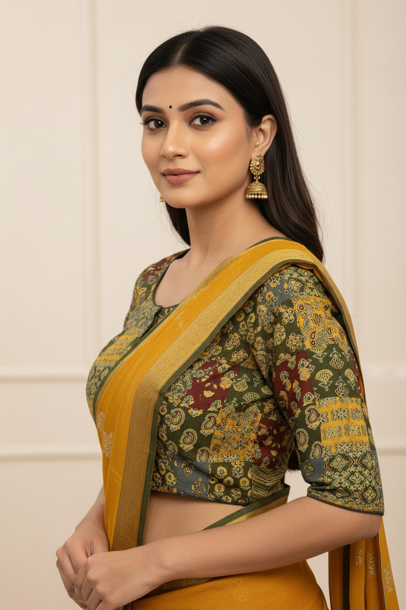 Mehndi Green Patchwork Blouse – Side Pose | Indian Ethnic Wear | RAE Trends