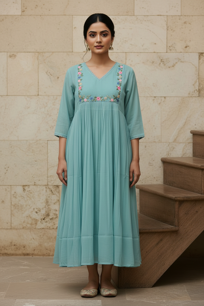 Mint Blue Floral Embroidery Kurti - Stone Wall Backdrop Front Pose