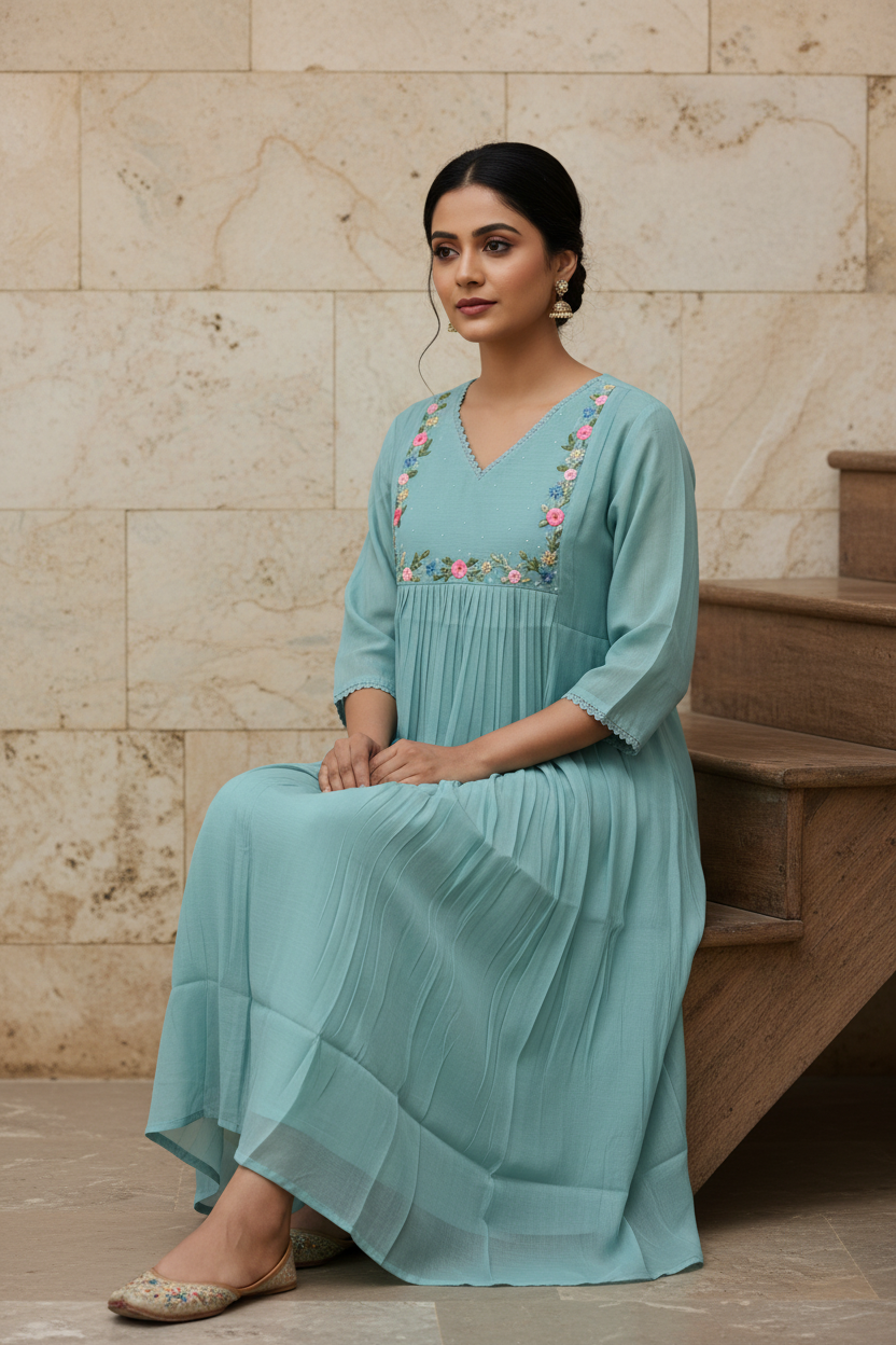 Mint Blue Floral Kurti - Indian Model Seated Pose