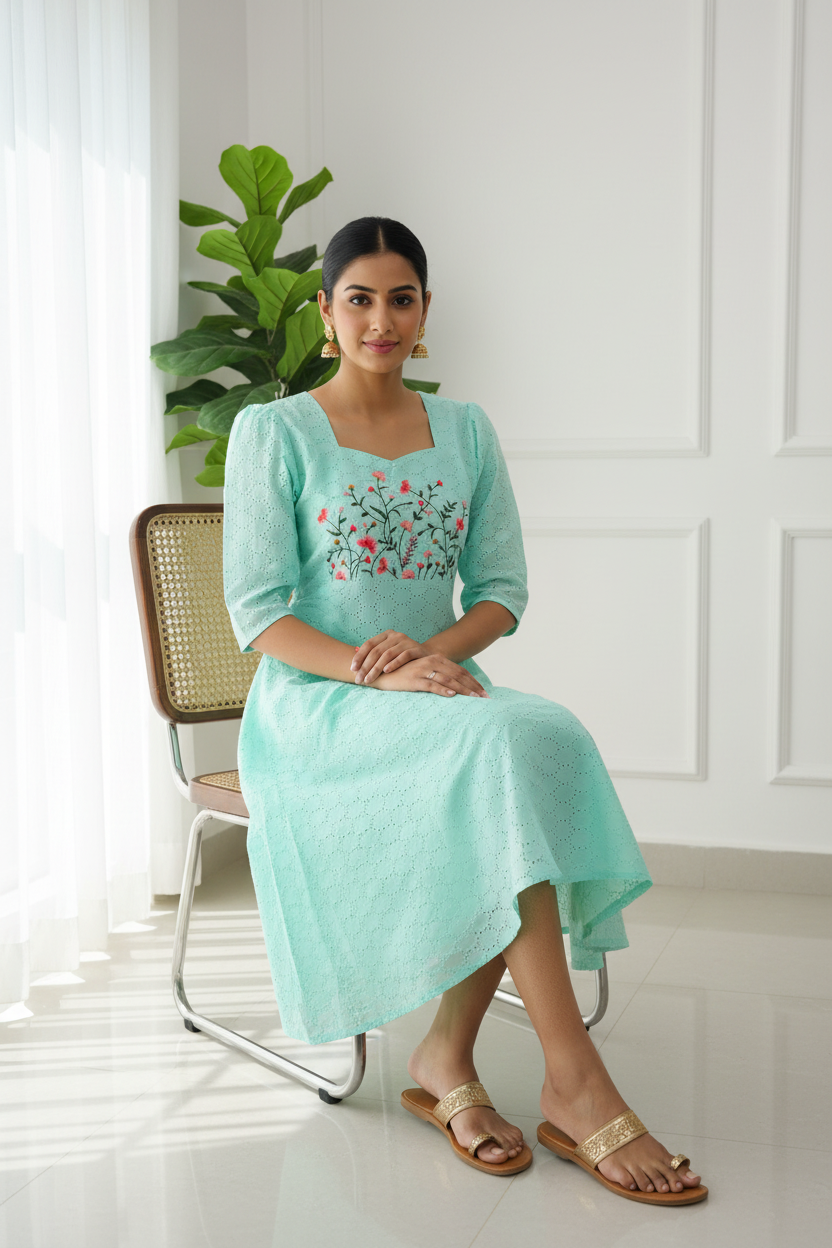 Mint Green Embroidered Hakoba Kurti Seated Lifestyle Shot | RAE Trends