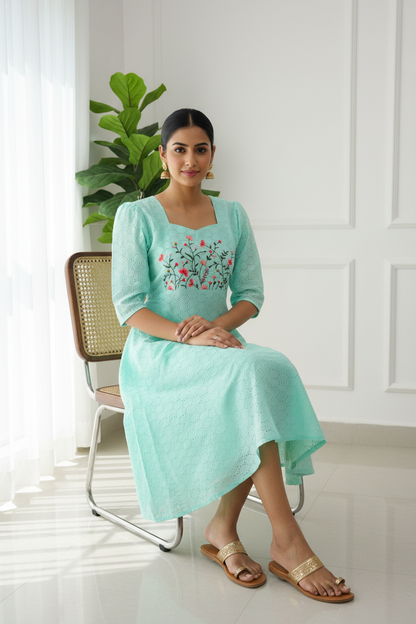 Mint Green Embroidered Hakoba Kurti Seated Lifestyle Shot | RAE Trends