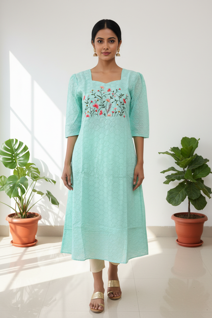 Mint Green Hakoba Knee-Length Kurti Indian Model Front View | RAE Trends