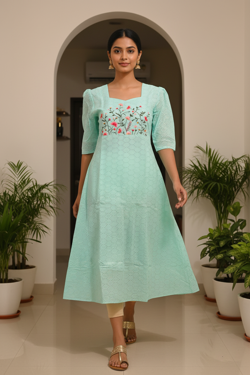 Mint Hakoba Knee-Length Kurti Walking Lifestyle Pose | RAE Trends