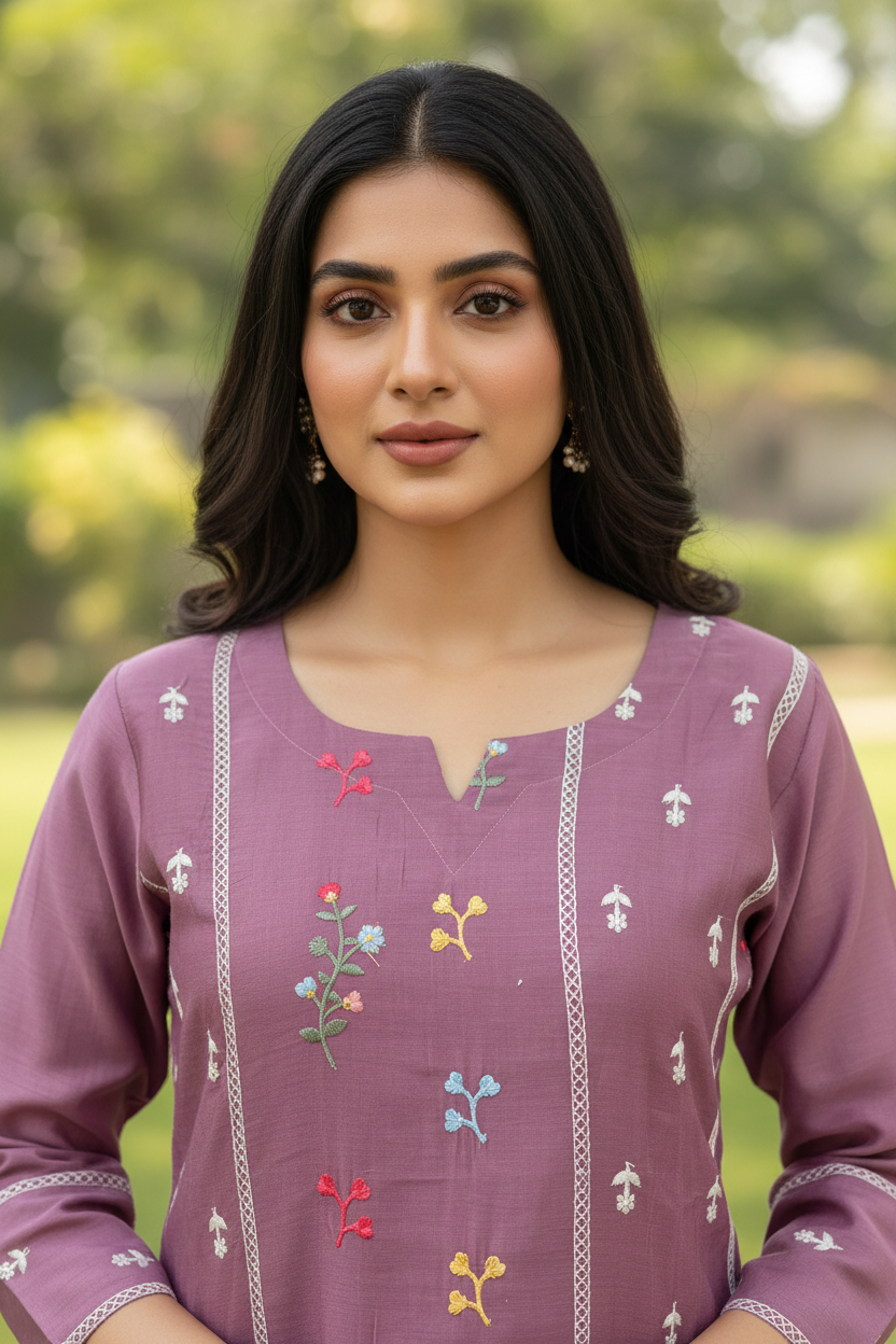 Multicolour Thread Embroidery Detail – Chanderi Kurti