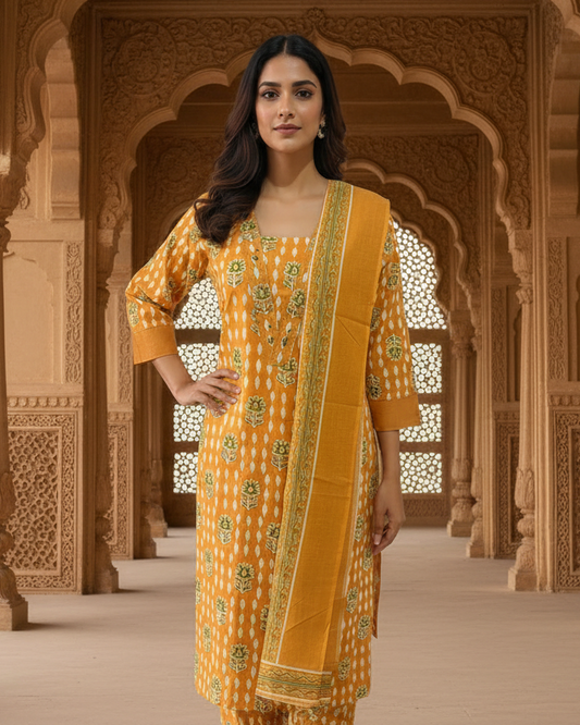 Mustard Block Print Suit with Dupatta - Model