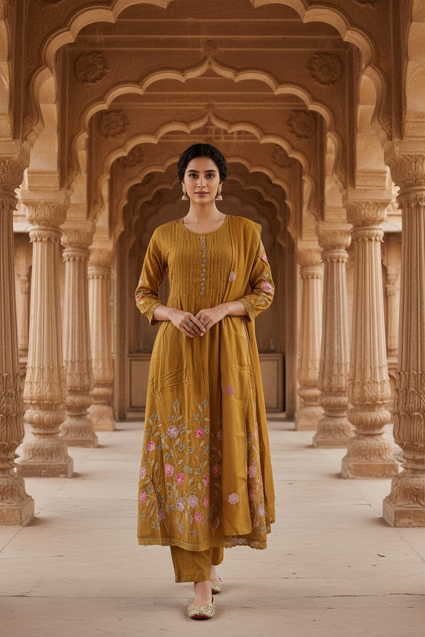 Mustard Mul Chanderi Salwar Set – Front Pose | Indian Model | Heritage Palace Background