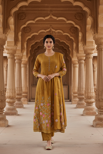 Mustard Mul Chanderi Salwar Set – Front Pose | Indian Model | Heritage Palace Background