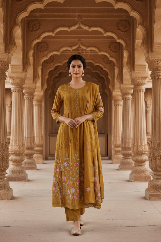 Mustard Mul Chanderi Salwar Set – Front Pose | Indian Model | Heritage Palace Background