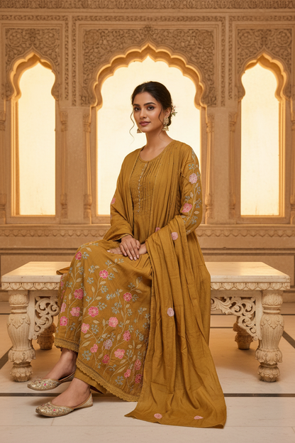 Mustard Mul Chanderi Salwar Set with Dupatta – Seated Pose | Indian Model | Heritage Palace Interior