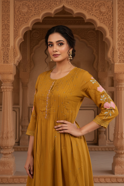 Mustard Mul Chanderi Thread Work Kurti – Upper Body Detail | Indian Model | Heritage Palace Architecture Background