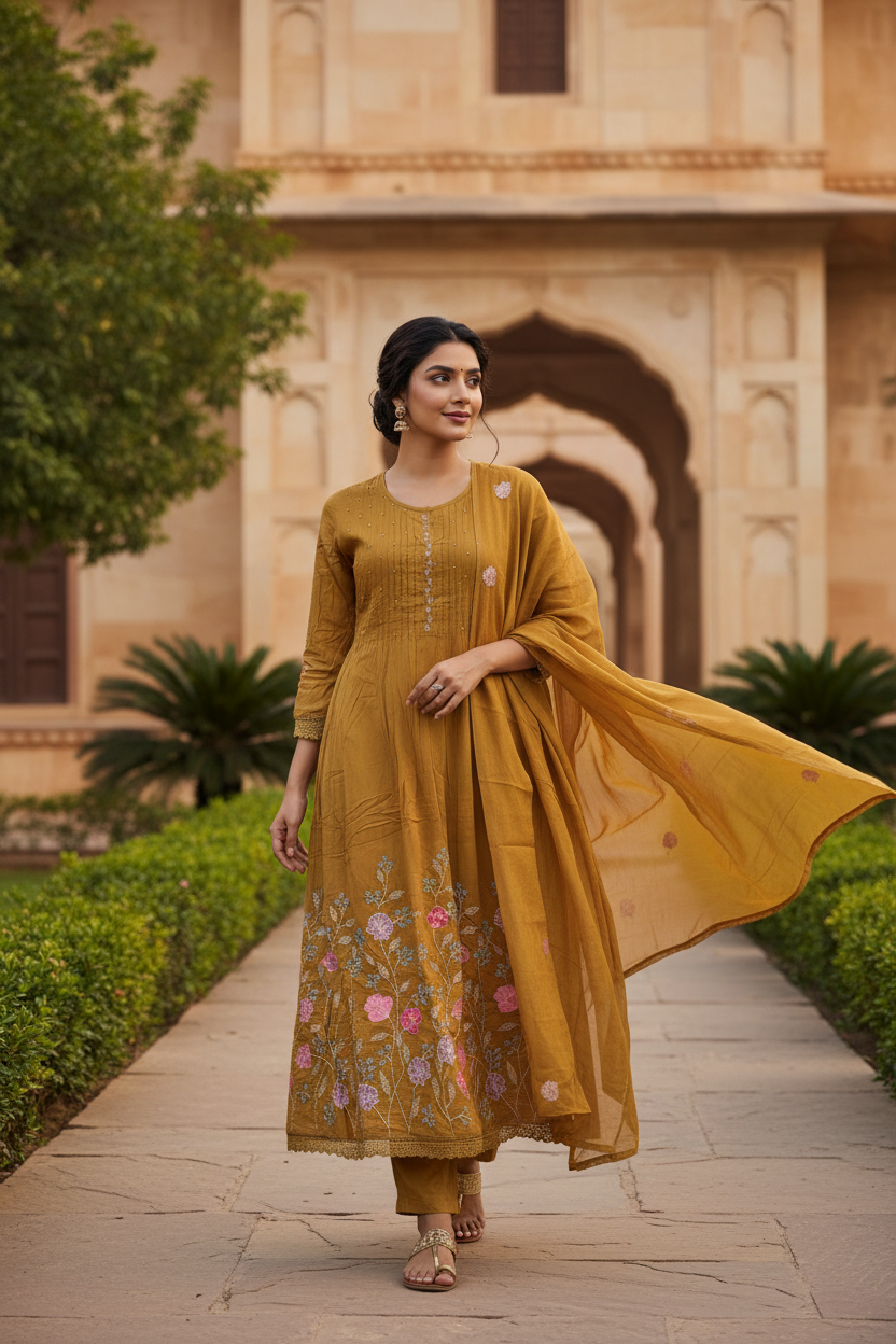 Mustard Mul Chanderi Thread Work Salwar Set – Walking Pose | Indian Model | Palace Garden