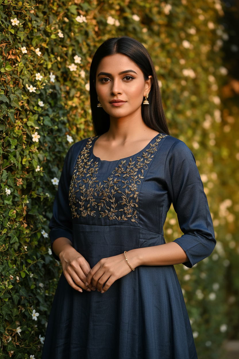 Navy Blue Kurti - Yoke Detail Corrected