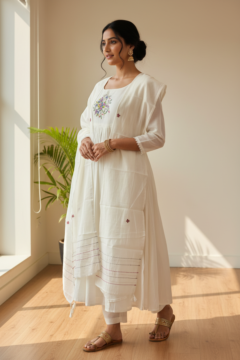 Off White Chanderi Kurti - Angled Three-Quarter Pose