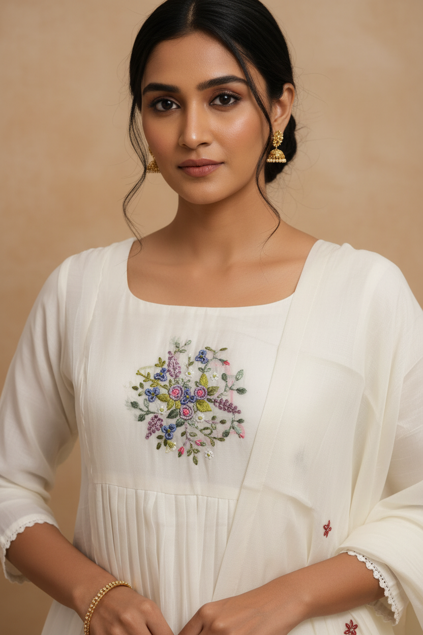Off White Chanderi Kurti - Embroidery Close-Up