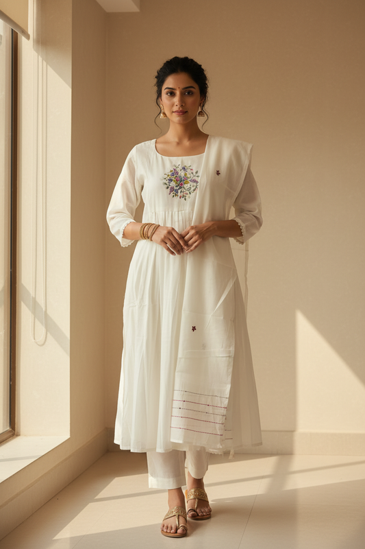 Off White Chanderi Kurti - Full Length Pose