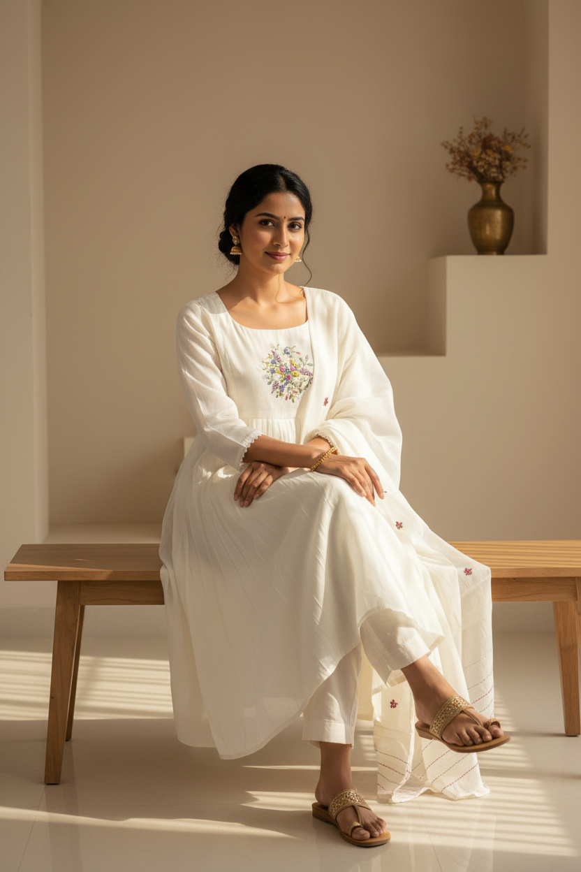 Off White Chanderi Kurti - Seated Lifestyle Pose