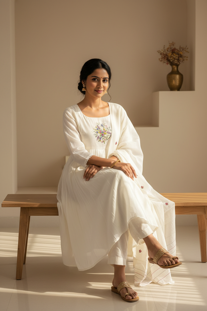 Off White Chanderi Kurti - Seated Lifestyle Pose