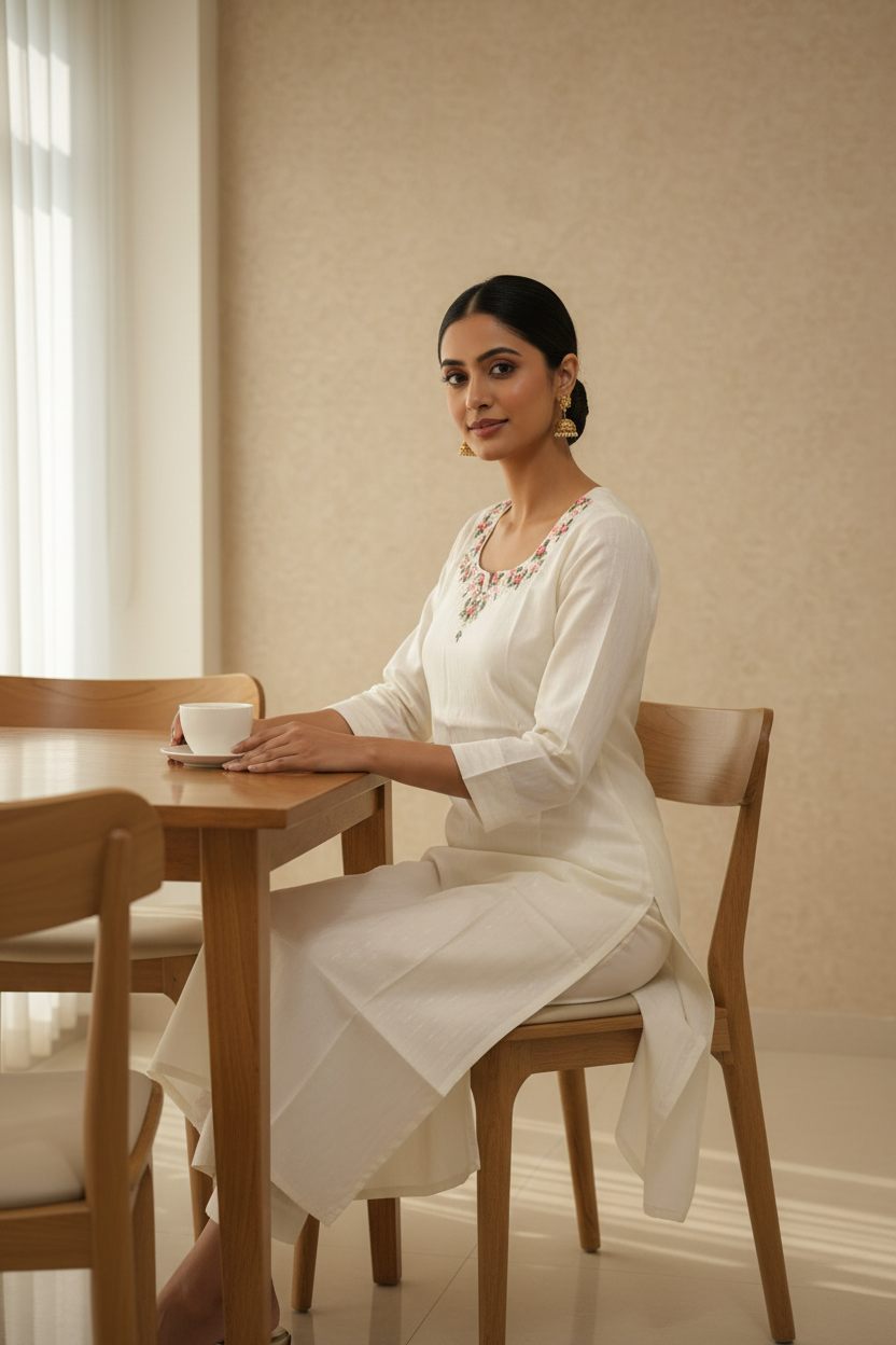 Off White Kurti - Seated Pose