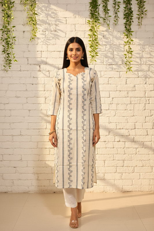 Off White Kurti - Sweetheart Neck Front