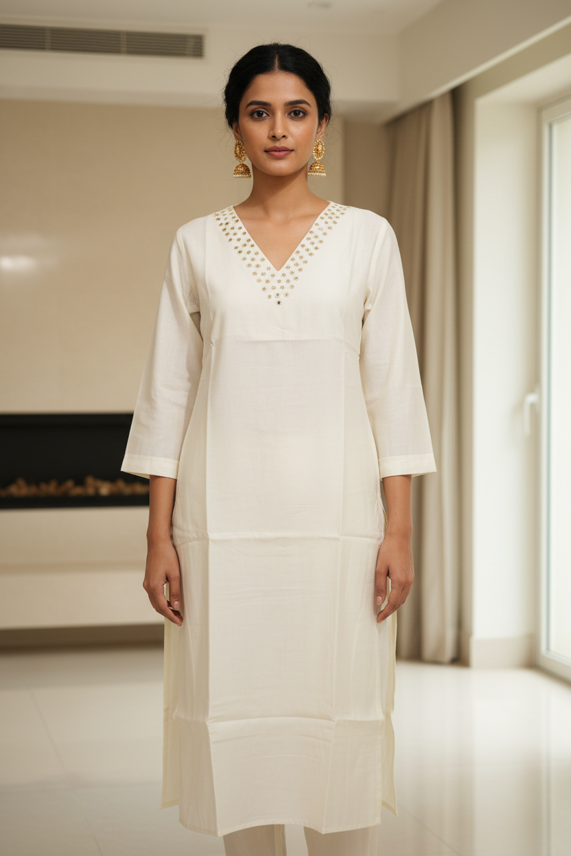 Off-white Mirror Work Kurti - Pose 1