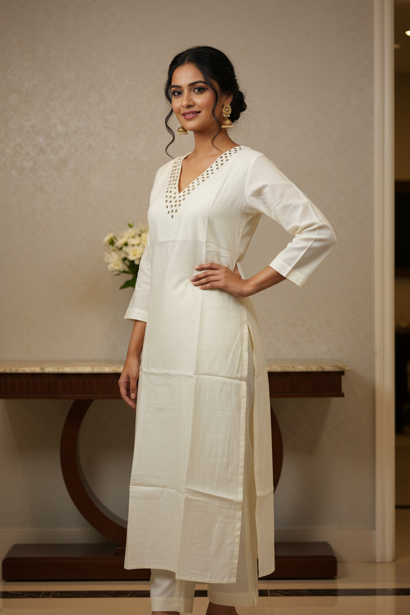 Off-white Mirror Work Kurti - Pose 2
