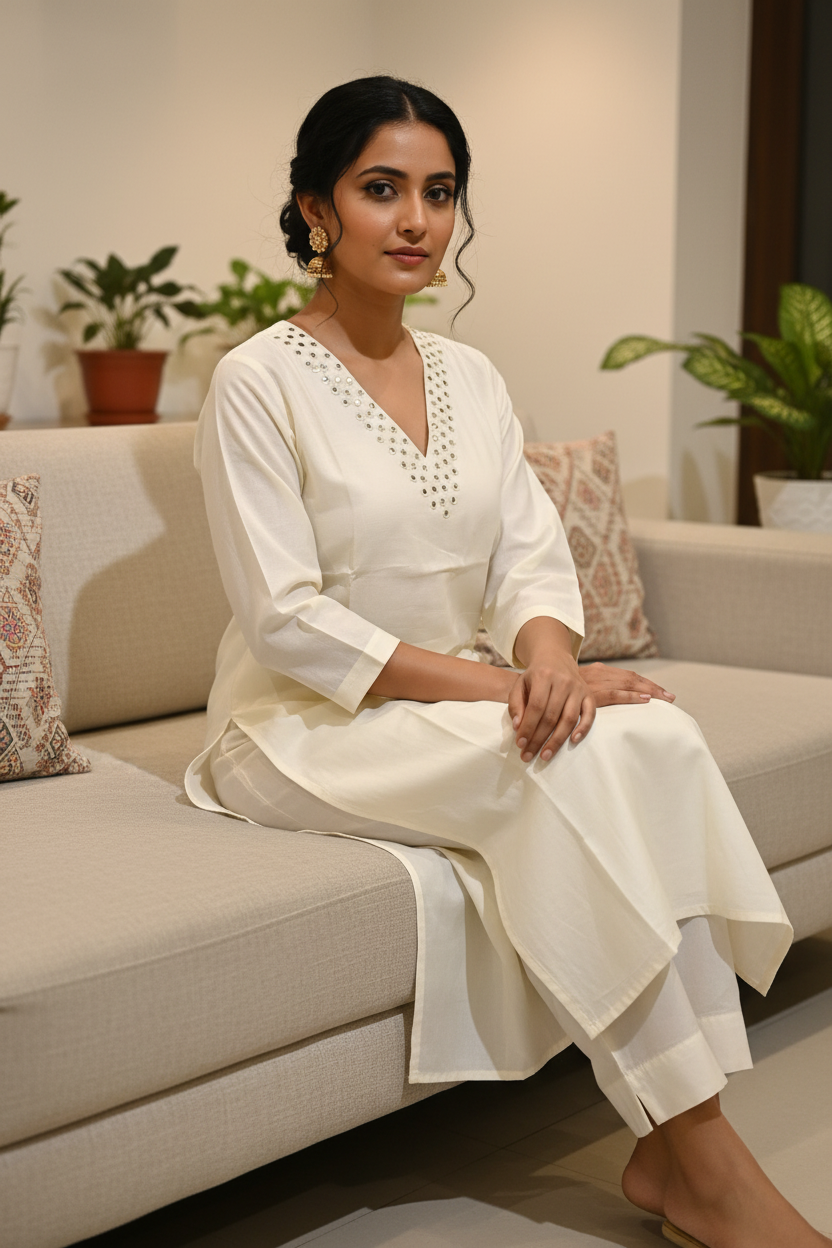 Off-white Mirror Work Kurti - Pose 4