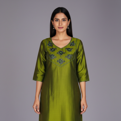 Olive green embellished silk kurti on Indian model