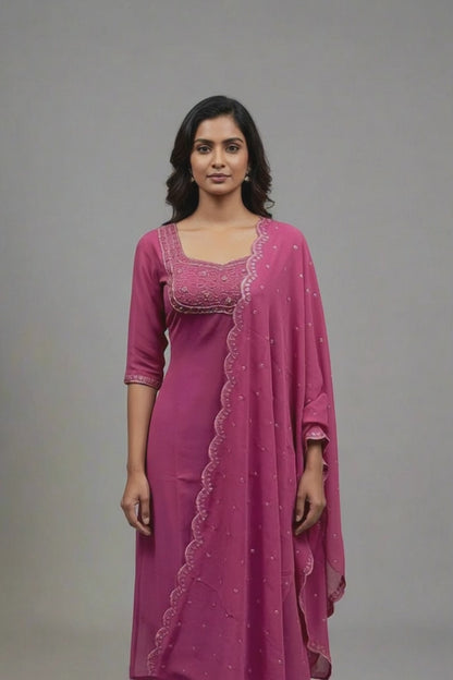 Women’s Pink Georgette Handwork Kurti with Dupatta – A-line Style