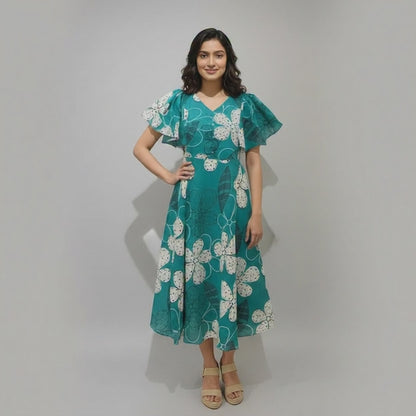 Womens Teal Floral A‑Line Midi Dress with Ruffle Sleeves & V‑Neck