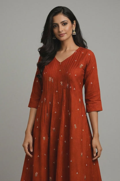 Rust Embroidered Cotton A-Line Kurta with Pintucks | Women's Ethnic Wear