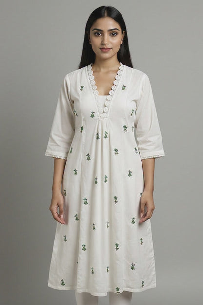 White Floral Embroidered Cotton A‑Line Kurta with Lace V‑Neck
