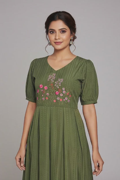 Women's Poly Cotton with Self Thread Weave Floral Embroidery A-Line Kurti