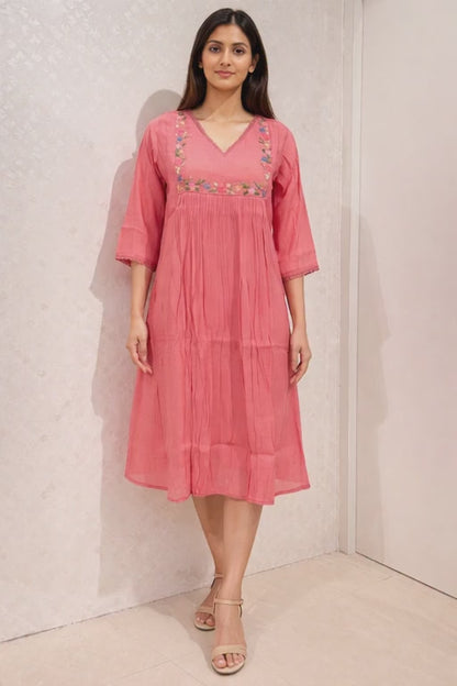 Women’s Dusty Rose Hand-Embroidered Mul Chanderi Kurti with Lace Neck