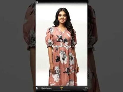 Peach Floral Printed Midi Dress with Puff Sleeves & Lace V‑Neck