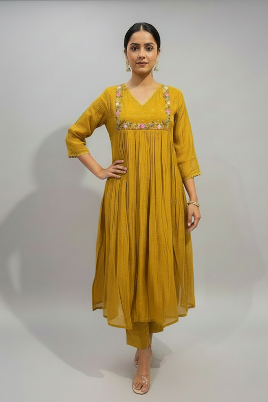 Professional Indian model in mustard yellow kurti