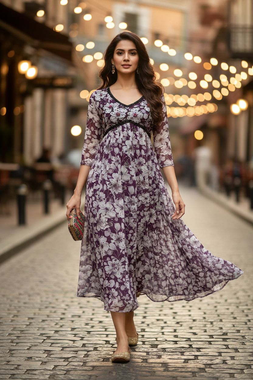 Purple Floral Alia Cut Georgette Kurti Calf Length – Indian Model Candid Walk – Urban Street Café Ethnic Wear Editorial Photography