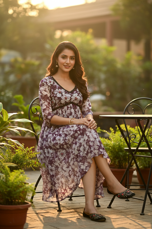 Purple Floral Alia Cut Georgette Kurti Calf Length – Indian Model Seated Café Lifestyle Pose – Golden Hour Ethnic Wear HD Photography