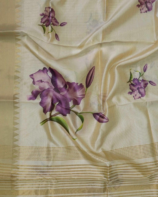 Traditional Kerala Kasavu Tissue Saree with Purple Floral Print (with blouse piece)