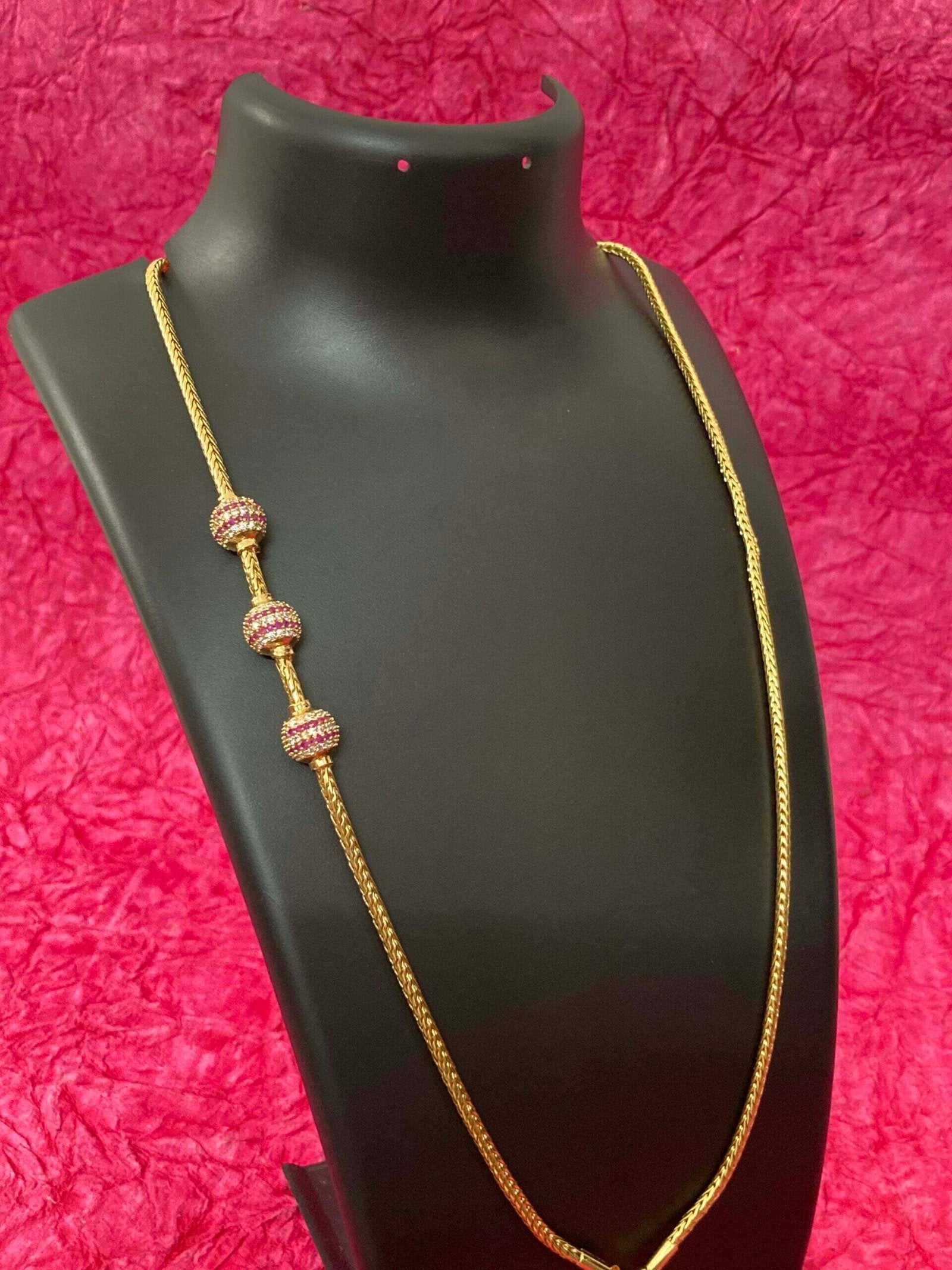 Traditional Designer Ruby Mugappu Gold Chain for Women & Girls