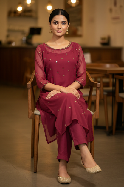 Rani Pink Georgette Kurti - Seated Café Pose