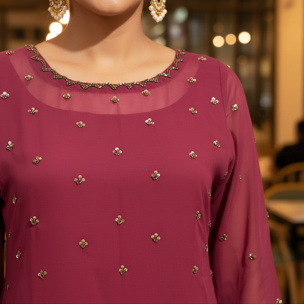 Rani Pink Kurti - Front Handwork Embroidery Close-Up with Model