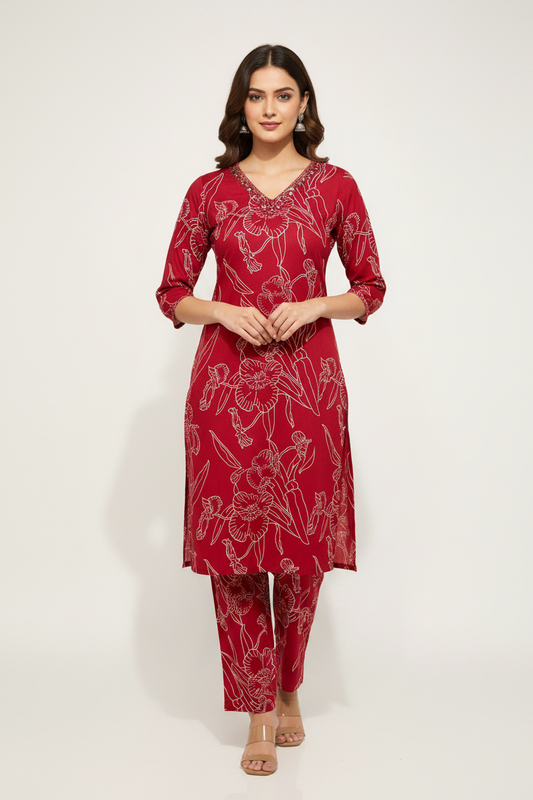 Red Floral Print Rayon Coord Set on Model
