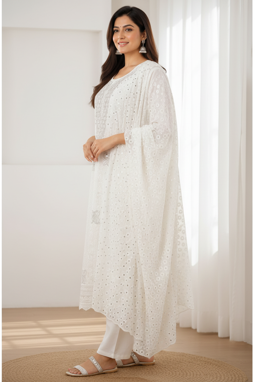 White chikankari kurta set right side portrait view with embroidered dupatta - RAE Trends