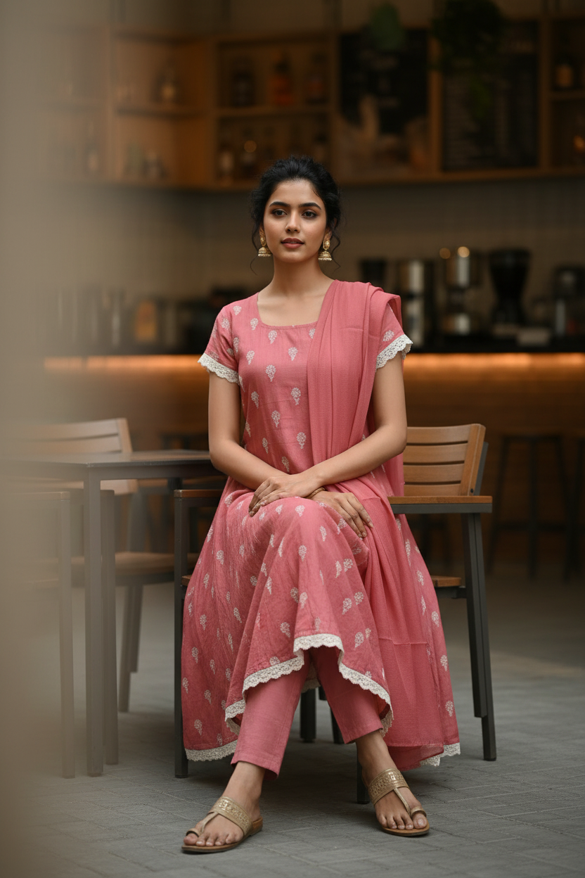 Rose Mul Chanderi A-Line Salwar Set – Sitting Pose, Café Interior