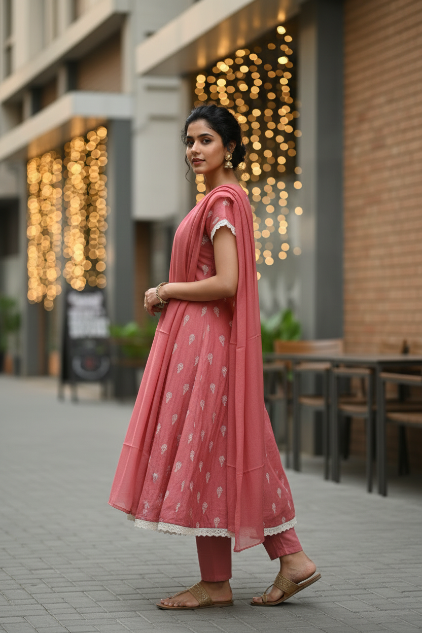 Rose Mul Chanderi Salwar Set – Side Profile Pose, Urban Café Background